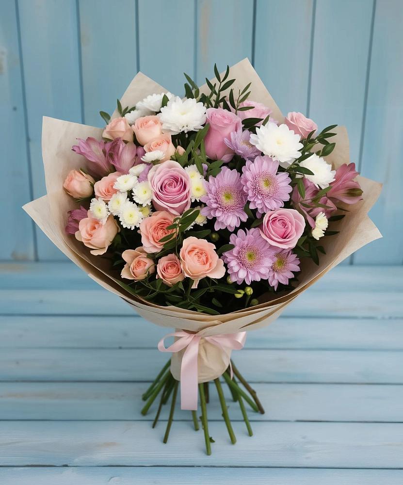 Букет цветов из: Хризантемы, Розы и Альстромерии в Галашках