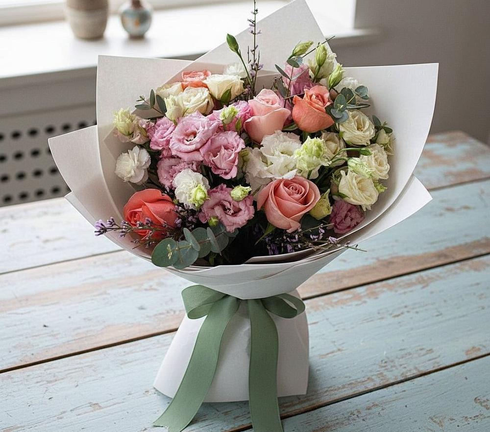 Букет цветов из: Розы, Лизиантусы и Гвоздики в Галашках